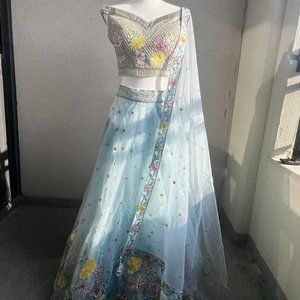 Cold Shoulder Baby Blue Floral Lehenga